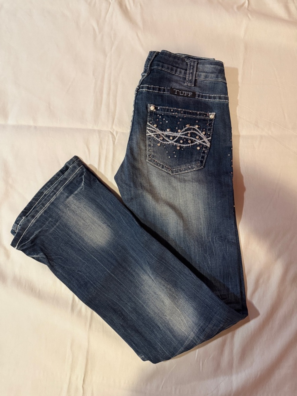 Cowgirl Tuff “Downtown” Embellised Blue Boot Cut Jeans with Vintage Fading - Picture 2 of 6